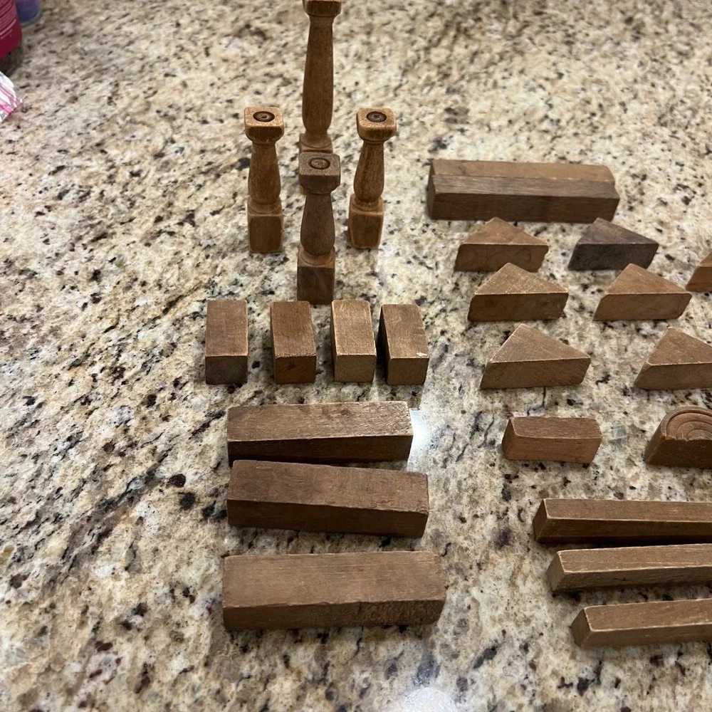 Vintage Wooden Building Blocks Set Mixed Shapes Pillars Arches Natural Wood Toy